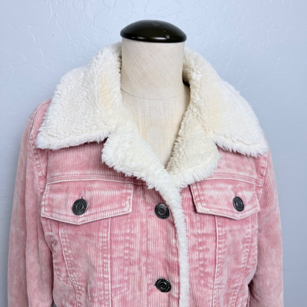 Lucky Brand Pink Corduroy Sherpa Collar Trucker Jacket Womens Medium M - Picture 2 of 11